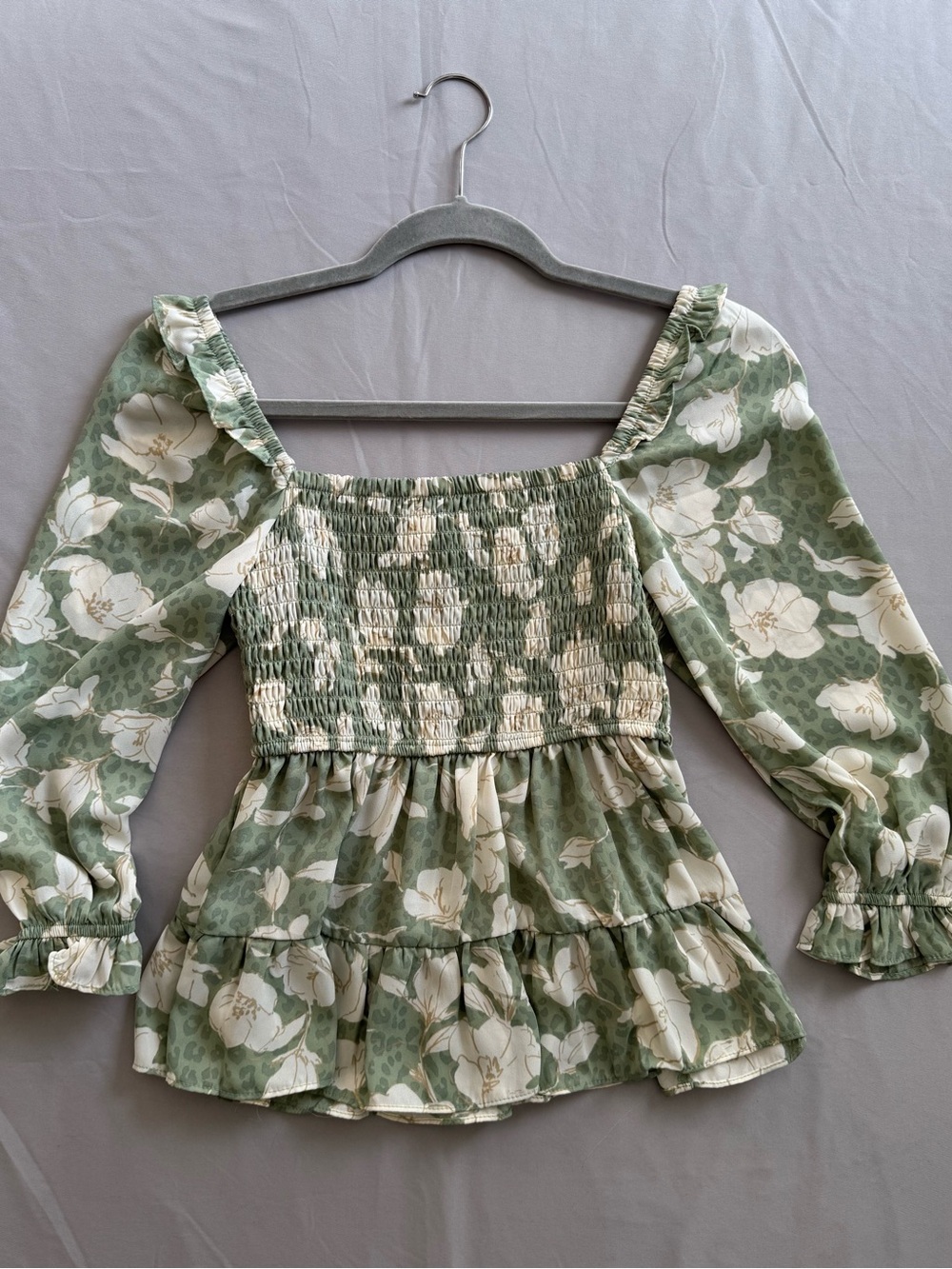 Blu Pepper Green Floral Smocked Peasant Top